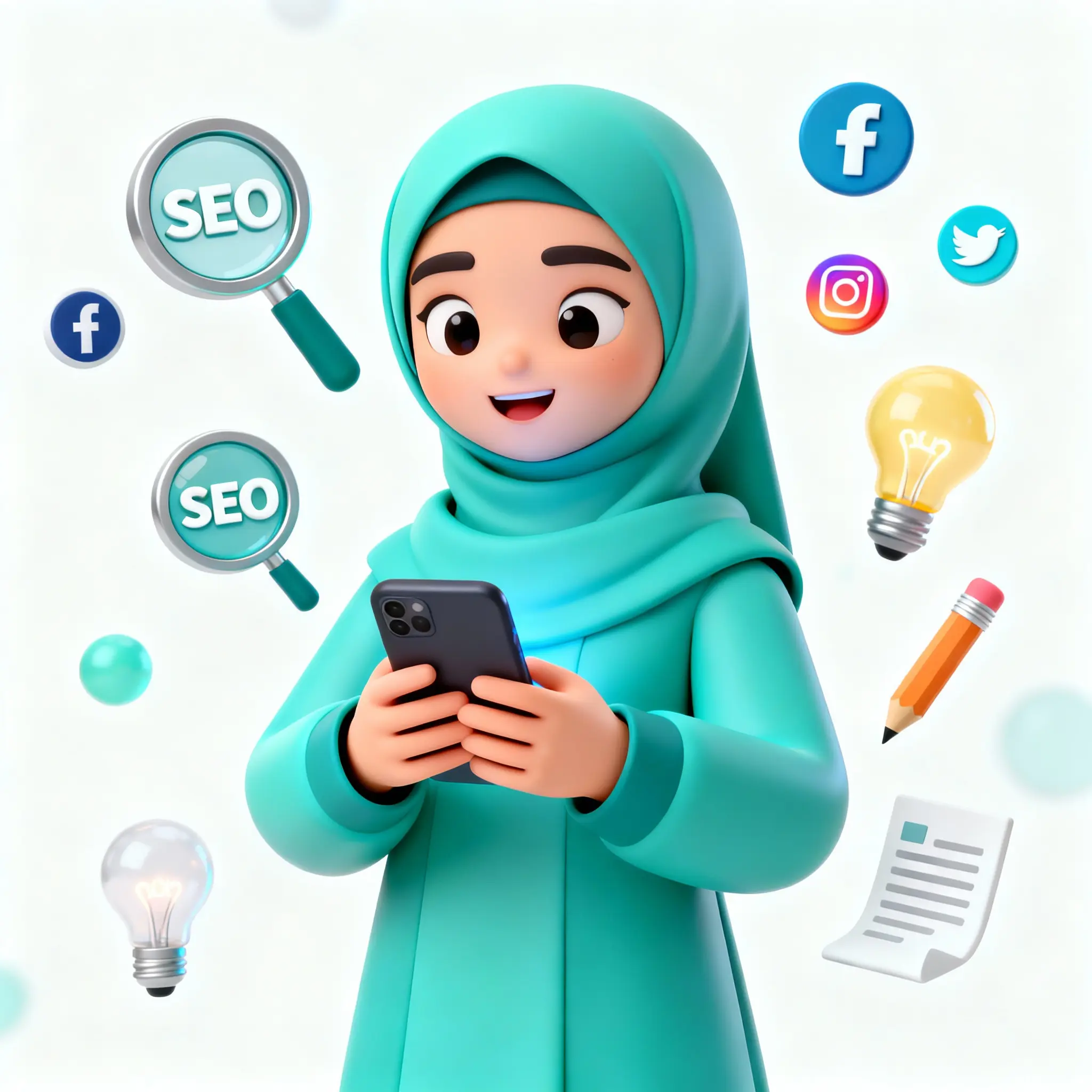 Expert digital marketing consultant in Kerala hijabi character smiling on phone sharing growth tips with SEO and social icons