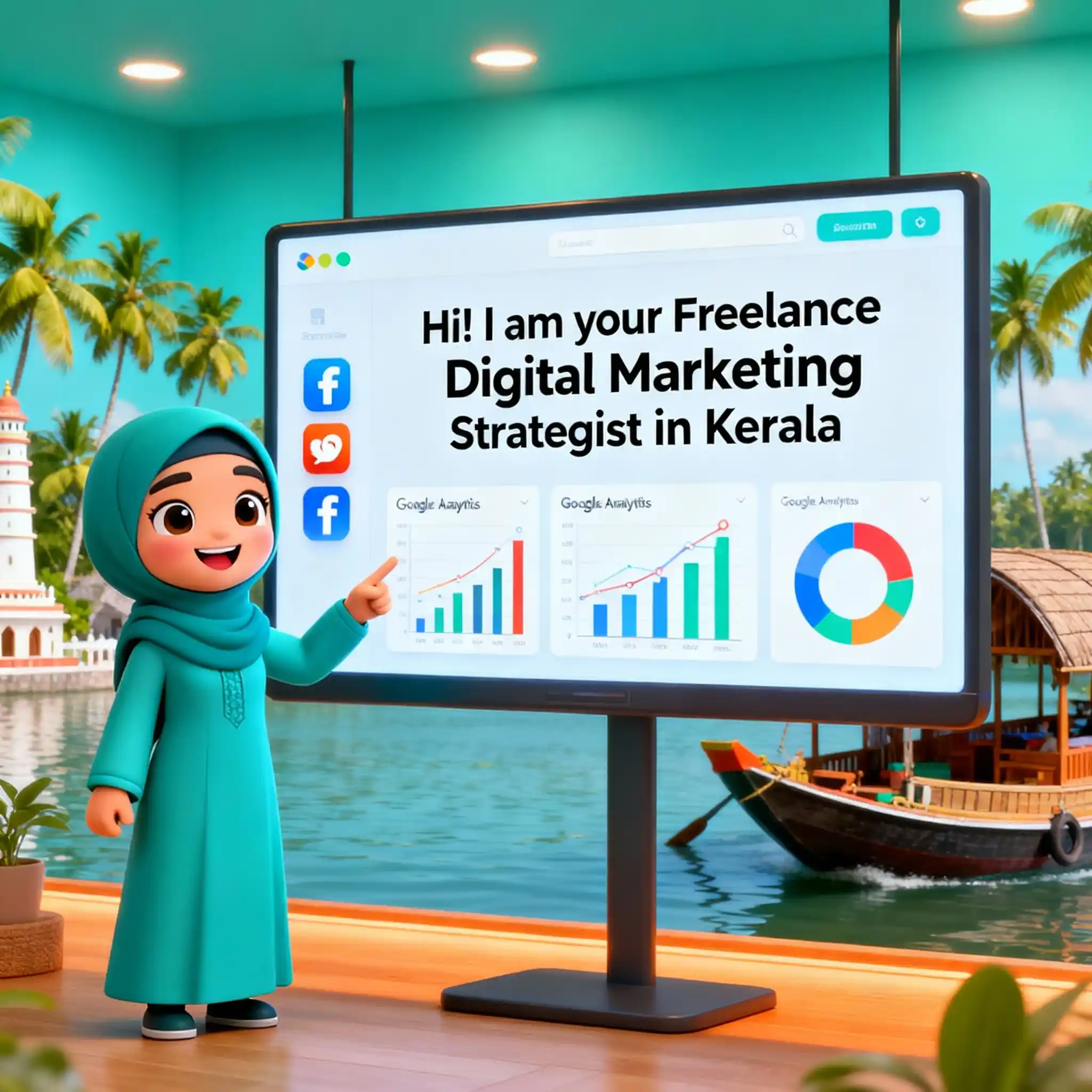 Naima Razal, freelance digital marketing strategist in Kerala, smiling and pointing to digital insights